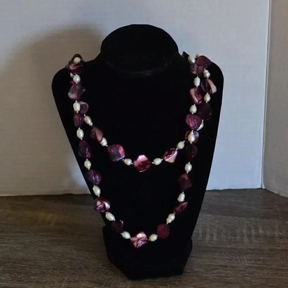 Long Purple Abalone and Pearl Necklace